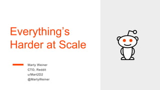 Everything’s
Harder at Scale
Marty Weiner
CTO, Reddit
u/Mart2D2
@MartyWeiner
 