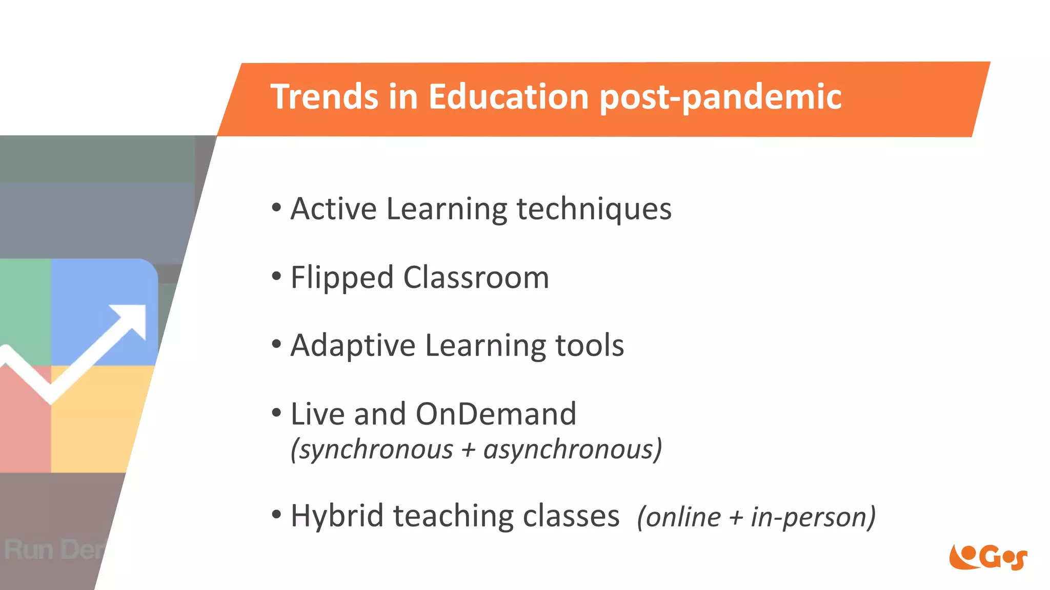 Trends in Education post-pandemic
• Active Learning techniques
• Flipped Classroom
• Adaptive Learning tools
• Live and OnDemand
(synchronous + asynchronous)
• Hybrid teaching classes (online + in-person)
 