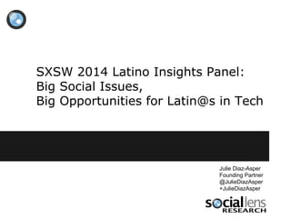 SXSW 2014 Latino Insights Panel:
Big Social Issues,
Big Opportunities for Latin@s in Tech
Julie Diaz-Asper
Founding Partner
@JulieDiazAsper
+JulieDiazAsper
 