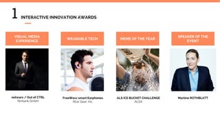 INTERACTIVE INNOVATION AWARDS
FreeWavz smart Earphones
hEar Gear, Inc.
netwars / Out of CTRL
filmtank GmbH
VISUAL MEDIA
EXPERIENCE
ALS ICE BUCKET CHALLENGE
ALSA
WEARABLE TECH MEME OF THE YEAR
SPEAKER OF THE
EVENT
Martine ROTHBLATT
1
 