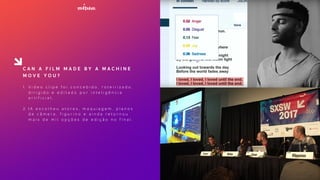 C A N A F I L M M A D E B Y A M A C H I N E
M O V E Y O U ?
1. V i d e o c l i p e f o i c o n c e b i d o , r o t e i r i z a d o ,
d i r i g i d o e e d i t a d o p o r i n t e l i g ê n c i a
a r t i f i c i a l .
2. I A e s c o l h e u a t o r e s , m a q u i a g e m , p l a n o s
d e c â m e r a , f i g u r i n o e a i n d a r e t o r n o u
m a i s d e m i l o p ç õ e s d e e d i ç ã o n o f i n a l .
 