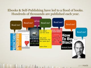 Ebooks & Self-Publishing have led to a flood of books.
  Hundreds of thousands are published each year.

                    Read me!
             Read me!        Read me!   Read me!
  Read me!                                         Read me!


                                                              Read me!
 