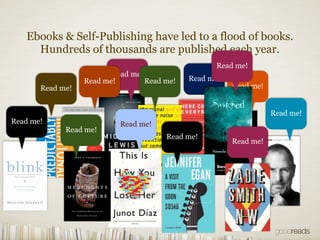 Ebooks & Self-Publishing have led to a flood of books.
     Hundreds of thousands are published each year.
                                                    Read me!
                         Read me!
                  Read me!        Read me!   Read me!
       Read me!                                         Read me!


                                                                   Read me!
Read me!                   Read me!
             Read me!
                                       Read me!
                                                        Read me!
 