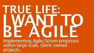 TRUE LIFE:
I WANT TO
BE AGILE
Implementing Agile/Scrum processes
within large scale, client-owned
projects..
 