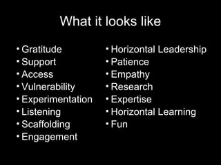 What it looks like
• Gratitude
• Support
• Access
• Vulnerability
• Experimentation
• Listening
• Scaffolding
• Engagement
• Horizontal Leadership
• Patience
• Empathy
• Research
• Expertise
• Horizontal Learning
• Fun
 