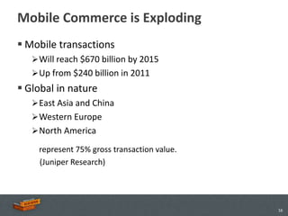 Mobile Commerce is Exploding
 Mobile transactions
    Will reach $670 billion by 2015
    Up from $240 billion in 2011
 Global in nature
    East Asia and China
    Western Europe
    North America

    represent 75% gross transaction value.
    (Juniper Research)




                                             16
 