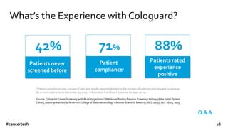What’s the Experience with Cologuard?
#cancertech 18
71%
Patient
compliance*
88%
Patients rated
experience
positive
42%
Patients never
screened before
*Patient compliance rate: number of valid test results reported divided by the number of collection kits shipped to patients
60 or more days prior to December 31, 2015 – information from Exact Sciences, for ages 50 -74
Source: Colorectal Cancer Screening with Multi-target stool DNA-basedTesting Previous Screening History of the Initial Patient
Cohort, poster presented at American College of Gastroenterology'sAnnual Scientific Meeting (ACG 2015), Oct. 16-21, 2015
Q & A
 