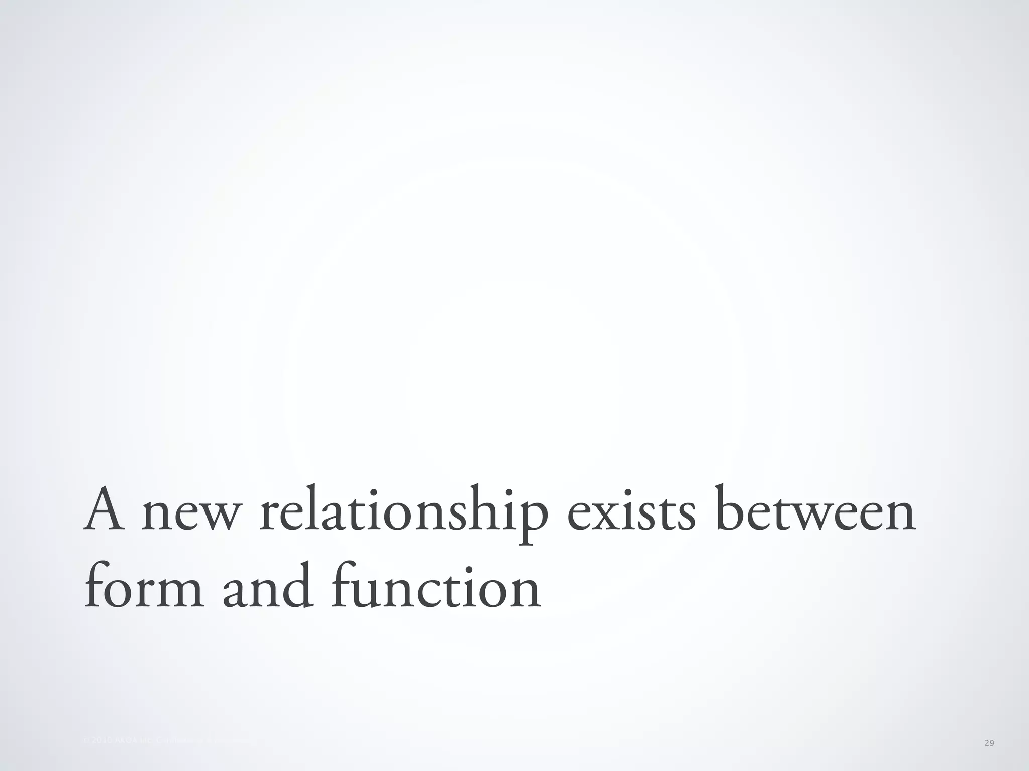 A new relationship exists between
form and function

© 2010 AKQA Inc. Conﬁdential & Proprietary   29
 