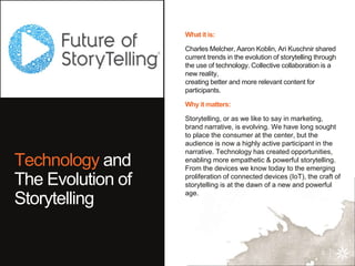 Technology and
The Evolution of
Storytelling
What it is:
Charles Melcher, Aaron Koblin, Ari Kuschnir shared
current trends...