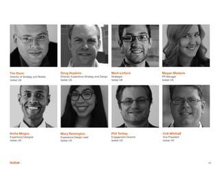 34
Amha Mogus
Experience Designer
Isobar US
Mark Linford
Strategist
Isobar UK
Colt Whittall
Vice President
Isobar US
Doug Hopkins
Director, Experience Strategy and Design
Isobar US
Mary Remington
Experience Design Lead
Isobar US
Megan Madaris
PR Manager
Isobar US
Phil Terbay
Engagement Director
Isobar US
Tim Dunn
Director of Strategy and Mobile
Isobar US
 