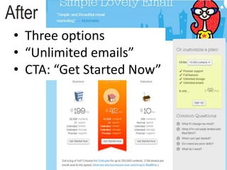 • Three options
• “Unlimited emails”
• CTA: “Get Started Now”
After
 