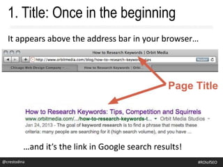1. Title: Once in the beginning
…and it’s the link in Google search results!
It appears above the address bar in your browser…
@crestodina #ROIofSEO
 