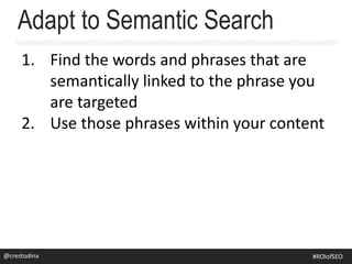 1. Find the words and phrases that are
semantically linked to the phrase you
are targeted
2. Use those phrases within your content
Adapt to Semantic Search
@crestodina@crestodina #ROIofSEO
 