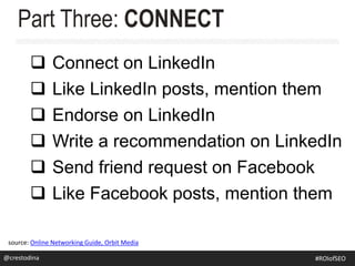  Connect on LinkedIn
 Like LinkedIn posts, mention them
 Endorse on LinkedIn
 Write a recommendation on LinkedIn
 Send friend request on Facebook
 Like Facebook posts, mention them
Part Three: CONNECT
source: Online Networking Guide, Orbit Media
@crestodina@crestodina #ROIofSEO
 