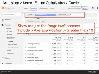 @crestodina
Acquisition > Search Engine Optimization > Queries
@crestodina #ROIofSEO
 
