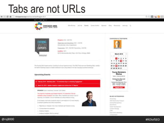 Tabs are not URLs
@rsj8000 #SEOforROI@rsj8000 #ROIofSEO
 