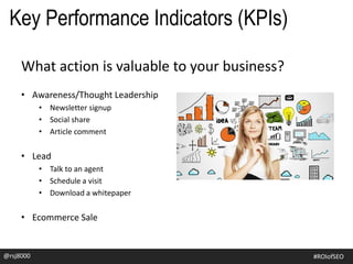 What action is valuable to your business?
• Awareness/Thought Leadership
• Newsletter signup
• Social share
• Article comment
• Lead
• Talk to an agent
• Schedule a visit
• Download a whitepaper
• Ecommerce Sale
@rsj8000 #ROIofSEO
Key Performance Indicators (KPIs)
 