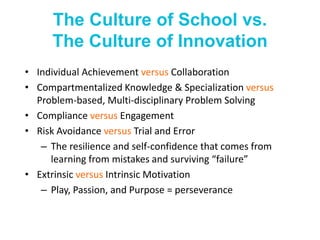 The Culture of School vs.
The Culture of Innovation
• Individual Achievement versus Collaboration
• Compartmentalized Knowledge & Specialization versus
Problem-based, Multi-disciplinary Problem Solving
• Compliance versus Engagement
• Risk Avoidance versus Trial and Error
– The resilience and self-confidence that comes from
learning from mistakes and surviving “failure”
• Extrinsic versus Intrinsic Motivation
– Play, Passion, and Purpose = perseverance
 