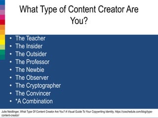 What Type of Content Creator Are
You?
• The Teacher
• The Insider
• The Outsider
• The Professor
• The Newbie
• The Observer
• The Cryptographer
• The Convincer
• *A Combination
Julie Neidlinger, What Type Of Content Creator Are You? A Visual Guide To Your Copywriting Identity, https://coschedule.com/blog/type-
content-creator/
 