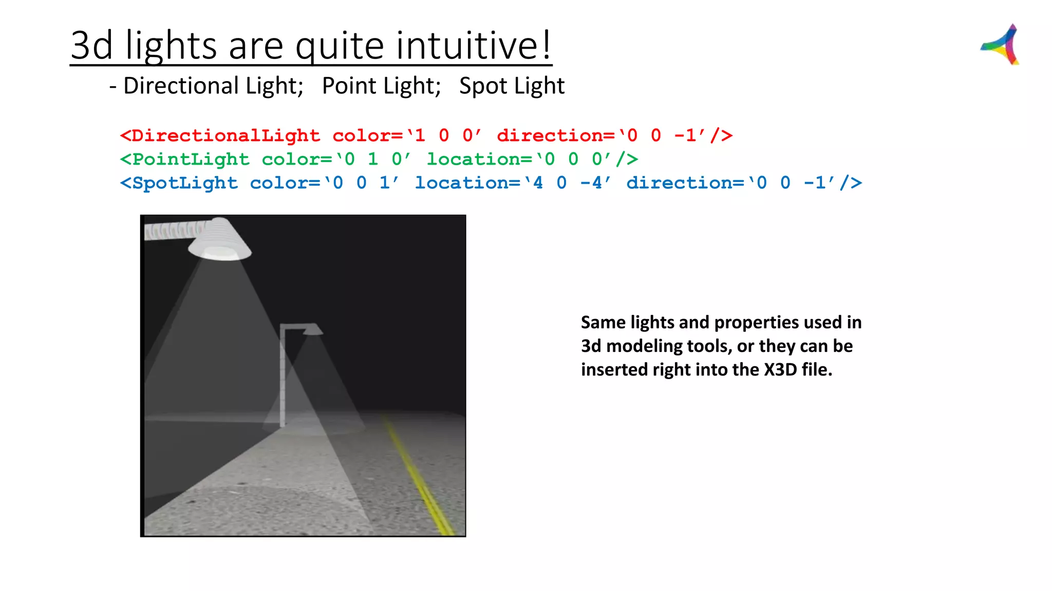 3d lights are quite intuitive!
<DirectionalLight color=‘1 0 0’ direction=‘0 0 -1’/>
<PointLight color=‘0 1 0’ location=‘0 0 0’/>
<SpotLight color=‘0 0 1’ location=‘4 0 -4’ direction=‘0 0 -1’/>
- Directional Light; Point Light; Spot Light
Same lights and properties used in
3d modeling tools, or they can be
inserted right into the X3D file.
 