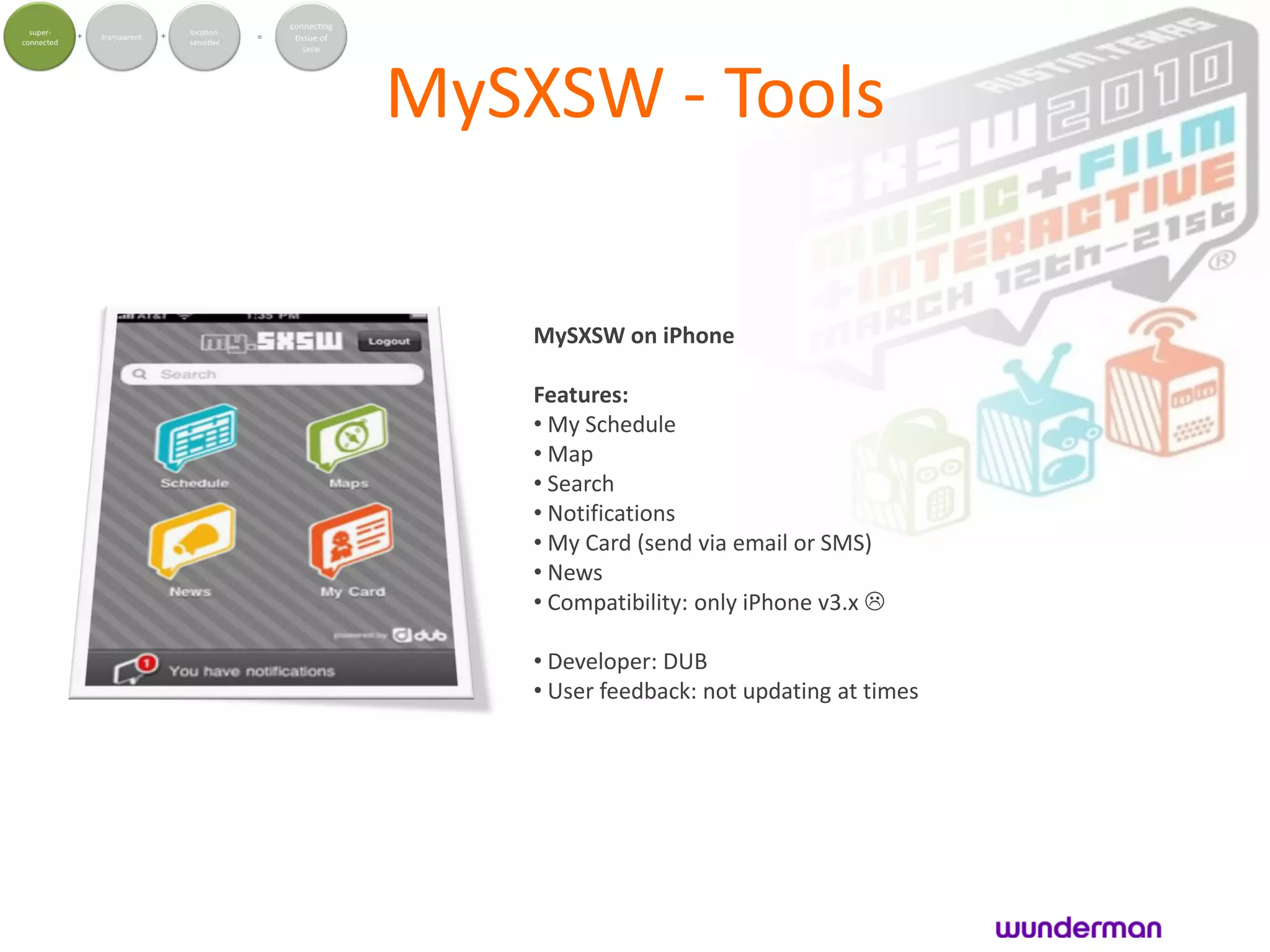 MySXSW - Tools

    MySXSW on iPhone

    Features:
    • My Schedule
    • Map
    • Search
    • Notifications
    • My Card (send via email or SMS)
    • News
    • Compatibility: only iPhone v3.x 

    • Developer: DUB
    • User feedback: not updating at times
 