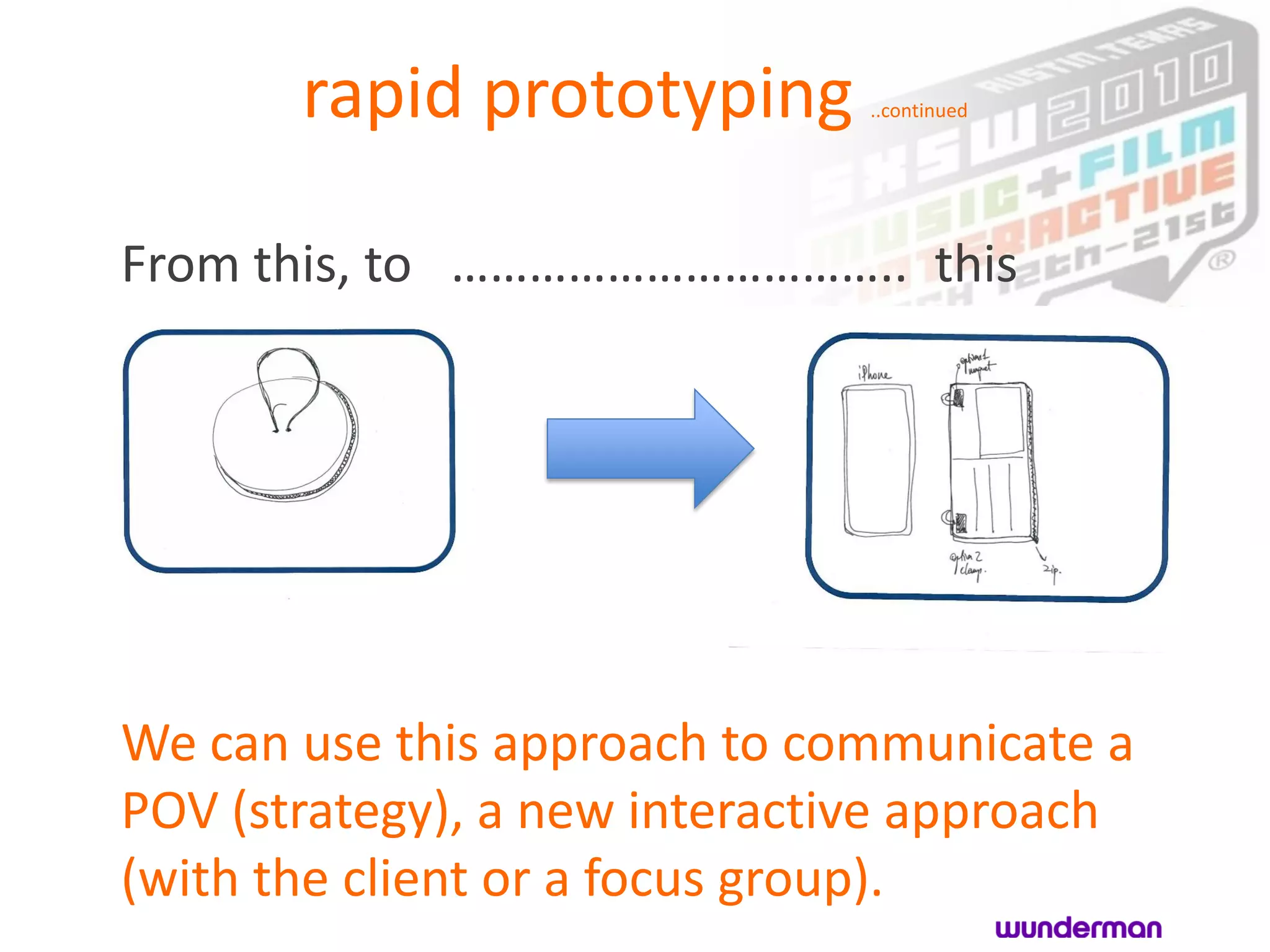 rapid prototyping       ..continued




From this, to …………………………….. this




We can use this approach to communicate a
POV (strategy), a new interactive approach
(with the client or a focus group).
 
