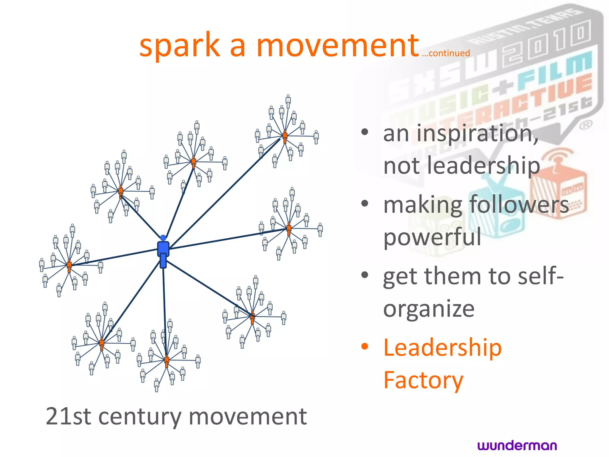 spark a movement      …continued




                        • an inspiration,
                          not leadership
                        • making followers
                          powerful
                        • get them to self-
                          organize
                        • Leadership
                          Factory
21st century movement
 