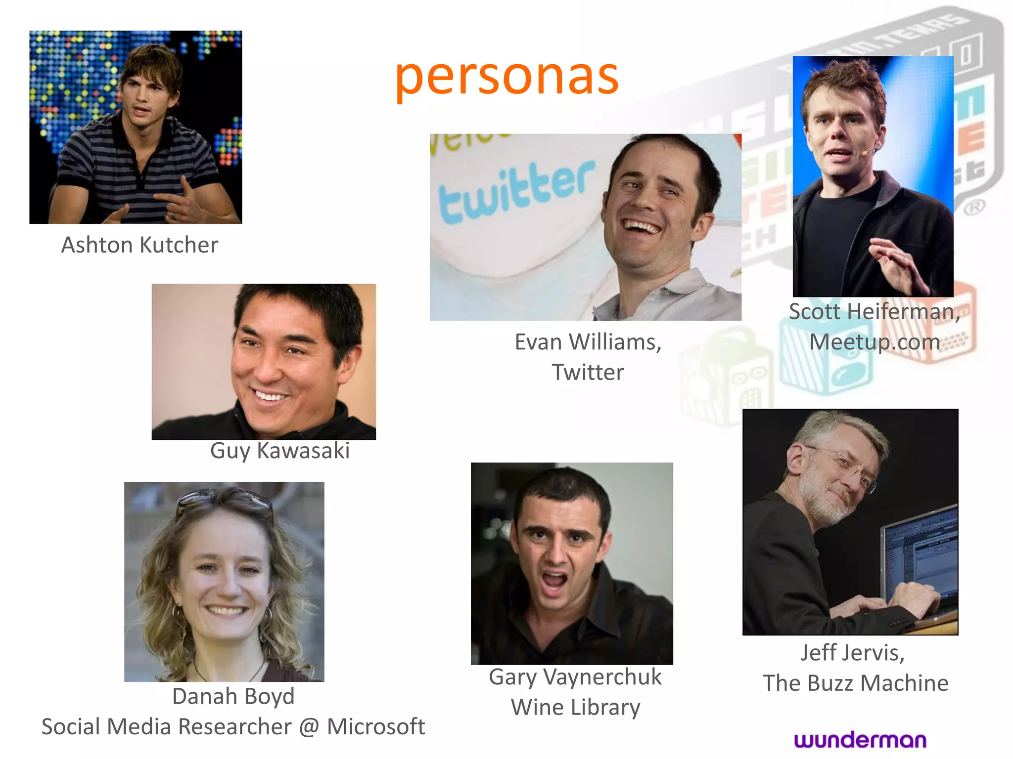 personas

 Ashton Kutcher

                                                           Scott Heiferman,
                                        Evan Williams,       Meetup.com
                                           Twitter


               Guy Kawasaki




                                                            Jeff Jervis,
                                      Gary Vaynerchuk    The Buzz Machine
            Danah Boyd                 Wine Library
Social Media Researcher @ Microsoft
 