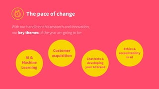 Customer
acquisition
Chat bots &
developing
your AI brand
Ethics &
accountability
in AIAI &
Machine
Learning
The pace of change
With our handle on this research and innovation,  
our key themes of the year are going to be:
 