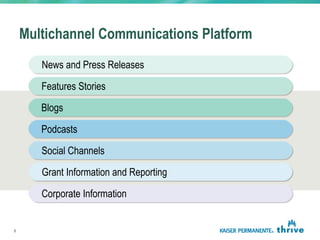 Multichannel Communications Platform
News and Press Releases
Features Stories
Blogs
Podcasts
Social Channels
Grant Information and Reporting
Corporate Information
8
 