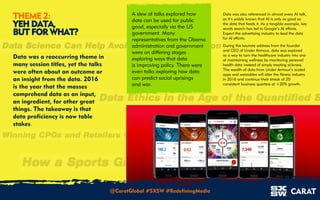 18/03/2016 3
A slew of talks explored how
data can be used for public
good, especially via the US
government. Many
representatives from the Obama
administration and government
were on differing stages
exploring ways that data
is improving policy. There were
even talks exploring how data
can predict social uprisings
and war.
Data was also referenced in almost every AI talk,
as it’s widely known that AI is only as good as
the data that feeds it. As a tangible example, key
words search has led to Google’s AI efforts.
Expect the advertising industry to lead the data
for AI efforts.
During the keynote address from the founder
and CEO of Under Armour, data was explored
as a way to turn the healthcare industry into one
of maintaining wellness by monitoring personal
health data instead of simply treating sickness.
The wealth of data from Under Armour’s scaled
apps and wearables will alter the fitness industry
in 2016 and continue their streak of 20
consistent business quarters at +20% growth.
THEME 2:
YEH DATA,
BUT FOR WHAT?
Data was a reoccurring theme in
many session titles, yet the talks
were often about an outcome or
an insight from the data. 2016
is the year that the masses
comprehend data as an input,
an ingredient, for other great
things. The takeaway is that
data proficiency is now table
stakes.
@CaratGlobal #SXSW #RedefiningMedia
 