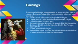Earnings
The income of a Musician varies depending on what you do for a living as a
musician. Examples of jobs and the income associated to them are broken
down below:
● Private Lesson Teachers can earn up to $41,600 a year
● Original music in a band or individually around $14,400 a year
● Cover Bands earn $52,000 a year
● Symphony Orchestra New York Philharmonic: $134,940 Kansas City
Symphony: $45,822 Louisville Orchestra: $34,225 San Francisco
Opera: $78,445
● Musical Theater $22,500 a year
● Professionally signed musicians with Record Labels can earn millions
of dollars depending on concert and record sales.
 