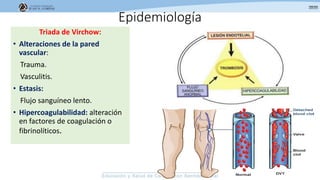 Triada de Virchow:
• Alteraciones de la pared
vascular:
Trauma.
Vasculitis.
• Estasis:
Flujo sanguíneo lento.
• Hipercoagulabilidad: alteración
en factores de coagulación o
fibrinolíticos.
Epidemiología
 