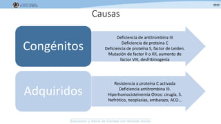 Causas
Congénitos
Adquiridos
Resistencia a proteína C activada
Deficiencia antitrombina III.
Hiperhomocisteinemia Otros: cirugía, S.
Nefrótico, neoplasias, embarazo, ACO…
Deficiencia de antitrombina III
Deficiencia de proteína C
Deficiencia de proteína S, factor de Leiden.
Mutación de factor II o XII, aumento de
factor VIII, desfribinogenía
 
