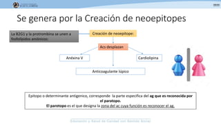 Se genera por la Creación de neoepitopes
La B2G1 y la protrombina se unen a
fosfolípidos aniónicos:
Creación de neoepitope:
Anticoagulante lúpico
CardiolipinaAnéxina V
Acs desplazan
Epitopo o determinante antigenico, corresponde la parte especifica del ag que es reconocida por
el paratopo.
El parotopo es el que designa la zona del ac cuya función es reconocer el ag.
 