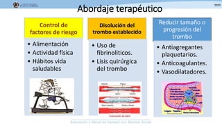 Abordaje terapéutico
Control de
factores de riesgo
• Alimentación
• Actividad física
• Hábitos vida
saludables
Disolución del
trombo establecido
• Uso de
fibrinoliticos.
• Lisis quirúrgica
del trombo
Reducir tamaño o
progresión del
trombo
• Antiagregantes
plaquetarios.
• Anticoagulantes.
• Vasodilatadores.
 