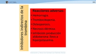 Reacciones adversas:
• Hemorragia.
• Trombocitopenia.
• Osteoporosis.
• Necrosis dérmica.
• Inhibición producción
aldosterona: lleva a
hiperpotasemia.
Inhibidoresindirectosdela
trombina
 