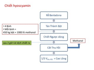 Chiết hyoscyamin
• 4 Bình
• Mỗi bình =
450 kg bột + 1000 lít methanol
Methanol
sau 2 giờ rút dịch chiết ra
 
