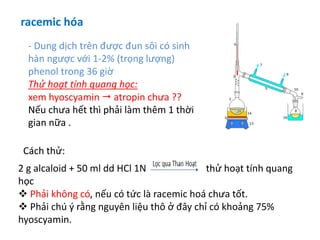 racemic hóa
- Dung dịch trên được đun sôi có sinh
hàn ngược với 1-2% (trọng lượng)
phenol trong 36 giờ
Thử hoạt tính quang học:
xem hyoscyamin  atropin chưa ??
Nếu chưa hết thì phải làm thêm 1 thời
gian nữa .
2 g alcaloid + 50 ml dd HCl 1N thử hoạt tính quang
học
 Phải không có, nếu có tức là racemic hoá chưa tốt.
 Phải chú ý rằng nguyên liệu thô ở đây chỉ có khoảng 75%
hyoscyamin.
Cách thử:
 