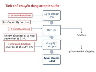 Tinh chế chuyển dạng atropin sulfat:
12 kg atropin
thô
Dịch lọc
dung dịch
atropin
Muối atropin
sulfat
+ 50 lít methanol khan
lọc nóng với 82g than hoạt
+ 4 lít methanol nóng
làm lạnh bằng nước đá và muối
Duy trì nhiệt độ ở -50C
.
+ từ từ dung dịch H2SO4
khuấy dd/ 80 phút , t0= -50C
 