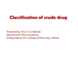 Classification of crude drug
Prepared by: Prof. S. D. Malode
Department: Pharmacognosy
College Name: K.K. College of Pharmacy, Nashik
 