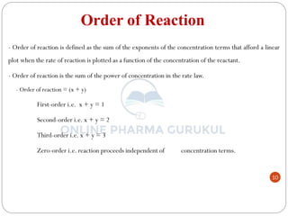 10
Order of Reaction
- Order of reaction is defined as the sum of the exponents of the concentration terms that afford a linear
plot when the rate of reaction is plotted as a function of the concentration of the reactant.
- Order of reaction is the sum of the power of concentration in the rate law.
- Order of reaction = (x + y)
First-order i.e. x + y = 1
Second-order i.e. x + y = 2
Third-order i.e. x + y = 3
Zero-order i.e. reaction proceeds independent of concentration terms.
 