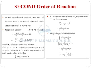 SECOND Order of Reaction
 In the simplest case when a = b, then equation
(2) can be written as
 Integrating the above equation,
 In the second-order reaction, the rate of
reaction depends on the concentration terms
of reactant raised to power one.
 Suppose in reaction A + B  Product
where K2 is Second-order rate constant
If 'a' and 'b' are the initial concentration of A and
B when t = 0 and if ‘x’ is the concentration of
each species when t = t then
]
B
[
]
A
[
dt
]
B
[
d
dt
]
A
[
d







]
B
[
]
A
[
K
dt
]
B
[
d
dt
]
A
[
d
2 






)
x
b
(
)
x
a
(
K
dt
dx
2 


2
2 )
x
a
(
K
dt
dx


dt
K
)
x
a
(
dx
2
2



dt
K
)
x
a
(
dx
t
0
2
2
x
0

 

t
K
0
a
1
x
a
1
2

















t
K
)
x
a
(
a
x
2












x
a
x
at
1
K2
 