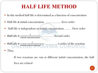 21
HALF LIFE METHOD
 In this method half-life is determined as a function of concentration
 Half-life α initial concentration …………. Zero-order
 Half-life is independent on initial concentration …… First-order
 Half Life ∝
1
initial concentration
………… Second order
 Half Life ∝
1
initial concentrationn−1 ………… n order of the reaction.
 Thus,
If two reactions are run at different initial concentration, the half-
lives are related
 