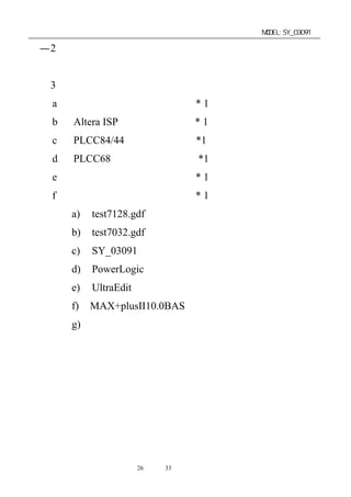 单片机开发板使用手册                             MODEL:SY_03091

４—2．电路原理图
    请见附录（一）
４－3．包装清单
  a． 主机板                       *1块
  b． Altera ISP 下载线            *1 只
  c． PLCC84/44 转接板             *1 块
  d． PLCC68 转接板                *1 块
  e． 使用说明书                     *1本
  f． 软件光盘                      * 1 张（包含软件）
     a)   test7128.gdf 的测试用源程序
     b)   test7032.gdf 的测试用源程序
     c)   SY_03091 开发板电原理图
     d)   PowerLogic 绘制电原理图软件
     e)   UltraEdit 编辑软件
     f)   MAX+plusII10.0BAS 编译调试软件
     g)   串口调试检测软件




                第26 页 共 33 页
 