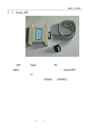 单片机开发板使用手册                    MODEL:SY_03091

5－5．Atmel_ISP 下载线




   将 ISP 下载线 25pin 接口端连接在 PC 机的并口（打印口）
上，10pin 排线端通过排线插在本开发板上的“Atmel-ISP”插口
座上，开发板接上+5 伏电源，下载线上有红色指示灯亮即可启
动下载软件进行下载（烧录）ATMEL 的 AT89S52 系列芯片。




               第32 页 共 33 页
 
