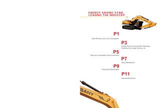 ENERGY SAVING STAR,
LEADING THE INDUSTRY
P1
P3
P5
P7
P9
P11
Standard&Optional
Equipment Specification
Easy Maintenance
High Efficiency and Low Consumption
Quality Parts Providing Better Reliability,
Durability and Longer Service Life
Safe and Comfortable Cab Environment
 
