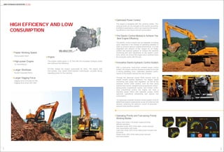 SANY HYCRAULIC EXCAVATOR SY135C
21
Operating Priority and Fuel-saving Priority
Working Modes
Optimized Power Control
The Electric Control Module to Achieve The
Best Engine Efficiency
The engine is designed with four working modes. The
working mode can be changed on the monitor according
to different applications, which can maximize the operat-
ing efficiency and reduce the fuel consumption.
The electric control module has the capability of making
quick response to the change of operating variables in
order to achieve optimum engine performance. It is fully
integrated with sensors of fuel, engine oil, air intake,
coolant and exhaust systems to conduct the real-time
monitoring and auto adjustment on the system condi-
tions, which can ensure the engine won't overload when
the excavator works with full load.
Innovative Electro-hydraulic Control System
With a dual-pump, dual-circuit constant power control
system, the engine can fully develop its power to provide
a strong operating force. Optimized operation perfor-
mance of the engine reduces the loss of power.
Through the electrical control (ESS control), such as
engine throttle position feedback, the engine speed
monitoring, and power limit regulation, as well as the
hydraulic control (HSS control), such as main pump
positive flow control, straight-travel proportional control ,
swing-priority proportional control, and bucket conflu-
ence proportional control, the engine can have a
real-time power match with hydraulic pumps, which
improves operational productivity and reduce fuel
consumption.
An advanced computer dynamic control system (CDCS)
determines engine output power as per the external load
demand, achieving the optimum control of excavator –
external load operation system.
Engine
The engine output power is 72.7kW with the increased hydraulic power
and improved fuel efficiency.
SY135C adopts the engine customized for Sany. The engine with
four-cylinder, four- stroke direct-injection turbocharger, provides strong
operating power for the machine.
BB-4BG1TRP
Faster Working Speed
Swing speed12rpm
Bucket Capacity0.53m3
Larger Digging Force
Digging force of bucket 92.7kN
Digging force of arm 66.13kN
High-power Engine
72.7kw/2200rpm
Larger Workload
High Efficiency and Low
Consumption
Heavy duty mode: Full power output provides
efficient operation.
Standard mode: 90% of the rated power reduces
fuel consumption and noise.
Light duty mode: 80% of the rated power ensures fuel
economy.
Break mode: 90% of the rated power reduces
fuel consumption
B
L
H
 