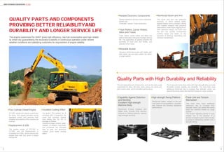 SANY HYCRAULIC EXCAVATOR SY135C
43
Quality Parts and Components
Providing Better Reliabilityand
Durability and Longer Service Life
Four Cylinder Diesel Engine Excellent Cooling Effect
Displacement 4.329L
Quality Parts with High Durability and Reliability
Capability Against Distortion
and Bending
Excellent High-strength
Machine Body
High-strength Swing Platform Track Link and Tension
Mechanism
Reliable Electronic Components Reinforced Boom and Arm
Wearable Bucket
Reinforced X-frame modeled with
digital tools, through finite element
analysis on loading capacity, realizes
high-strength structure.
The engine customized for SANY gives high efficiency, low fuel consumption and high reliabil-
ity while fully guaranteeing the excavator’s stability in continuous operation under severe
weather conditions and satisfying customers for requirement of engine stability.
SY135C adopts the engine customized
for Sany. This engine provides strong
operating power and ensures high
reliability and stability of the machine as
a whole.
Fan guard: The radiator fan is
enclosed with a protective net
cover that prevents objects
from falling into the fan to
damage its blades.
Serially arranged coolers: water
radiator, oil radiator, intercooler
and condenser are arranged
side by side; the aluminum
radiator gives better cooling
effect.
The engine power of SY135C is
72.7kW, and the displacement is
increased to 4.329L, which reduces the
engine heat load and gives a longer
service life.
The principal parts and components, such as the main pump
customized for Sany, the main valve, swing unit, travel unit,
pilot control valve, are of excellent performance.
The tri-grouser track shoe rolled with high-strength alloy provides
favorable contact, stability and durability. The track links have
additional reinforced ribs to increase their strength, which can
absorb the shock when the machine travels on rough surface.
Reinforced plates, welded on the two
main beam of swing platform, consider-
ably improve the bending resistance
performance.
The track links have additional
reinforced ribs to increase their
strength, which can absorb the shock
when the machine travels on rough
surface.
The tension adjusting device is more
reliable due to the adoption of a
serially-arranged system that includes
a grease-in tensioning cylinder and a
damper spring.
Track Rollers, Carrier Rollers,
Idlers and Tracks
Track rollers, carrier rollers and idlers use
seal-in lubrication that gives a longer service
life. The application of grease ensures the
durability of track pins and shafts, and
reduces travel noise.
The boom and arm use large-box
structure, in which welded plates
against torsion form a compact, strong
and durable integrity that prevents
deformation under larger digging force.
With optimized design, the boom and
the arm can provide considerable
working range and depth on the
occasion of ditching, excavating and
common construction.
Special electronic devices have undergone
severe test.
Controller / sensor / heat conductors
Standard reinforced bucket with highly rigid
steel sheet, tips and side cutters can serve
a longer period.
 