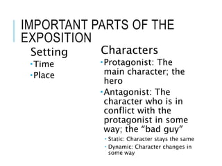 IMPORTANT PARTS OF THE
EXPOSITION
Setting
Time
Place
Characters
Protagonist: The
main character; the
hero
Antagonist: The
character who is in
conflict with the
protagonist in some
way; the “bad guy”
 Static: Character stays the same
 Dynamic: Character changes in
some way
 